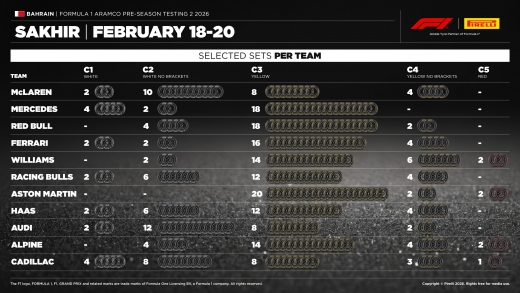 ピレリ、バーレーン合同テスト2回目の各チーム選択タイヤを公表